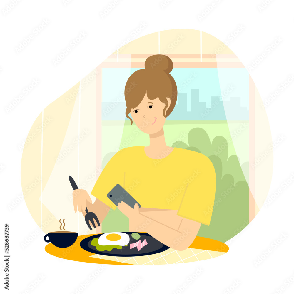 Everyday life, morning routine. A young woman has breakfast at home and takes pictures of the food. Flat vector illustration Everyday life, morning routine. A young woman has breakfast at home and takes pictures of the food. Flat vector illustration