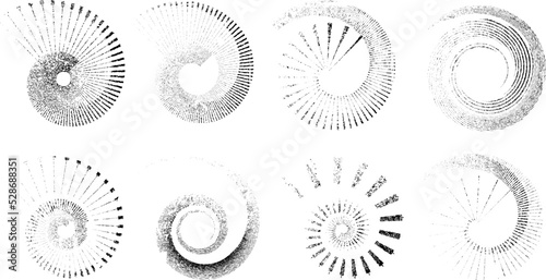 Grunge lines in Circle Form . Spiral Vector Illustration .Textured round Logo . Design element . Abstract Geometric circular shapes .Rotating grunge radial line. Concentric circles