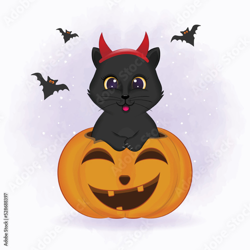 Black cat with pumpkin cartoon animal Halloween illustration