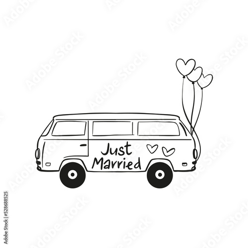 Just married car vector outline illustration. Great design for any purposes. Happy family banner design.