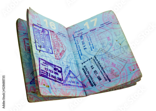 used open  us passport with travel stamps tranparent