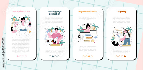 SEO specialist mobile application banner set. Idea of search engine optimization