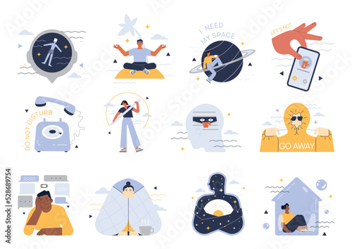 Introverted person set. Antisocial character prefers to spend time