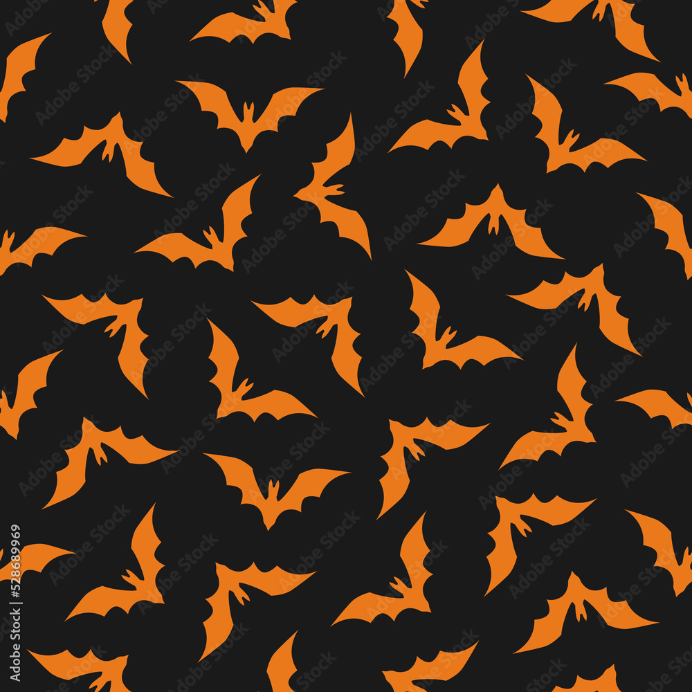 Halloween vector seamless background. Repeating pattern with flying orange bats on black background.Ready for printing on textile, fabric, bedding and other seamless surfaces. Halloween vector seamless background. Repeating pattern with flying orange bats on black background.Ready for printing on textile, fabric, bedding and other seamless surfaces.
