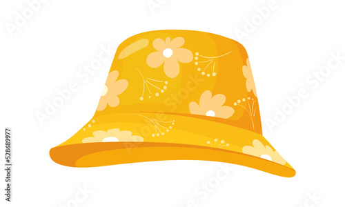 Cartoon yellow panama. Summer hat with flowers, vector illustration photo