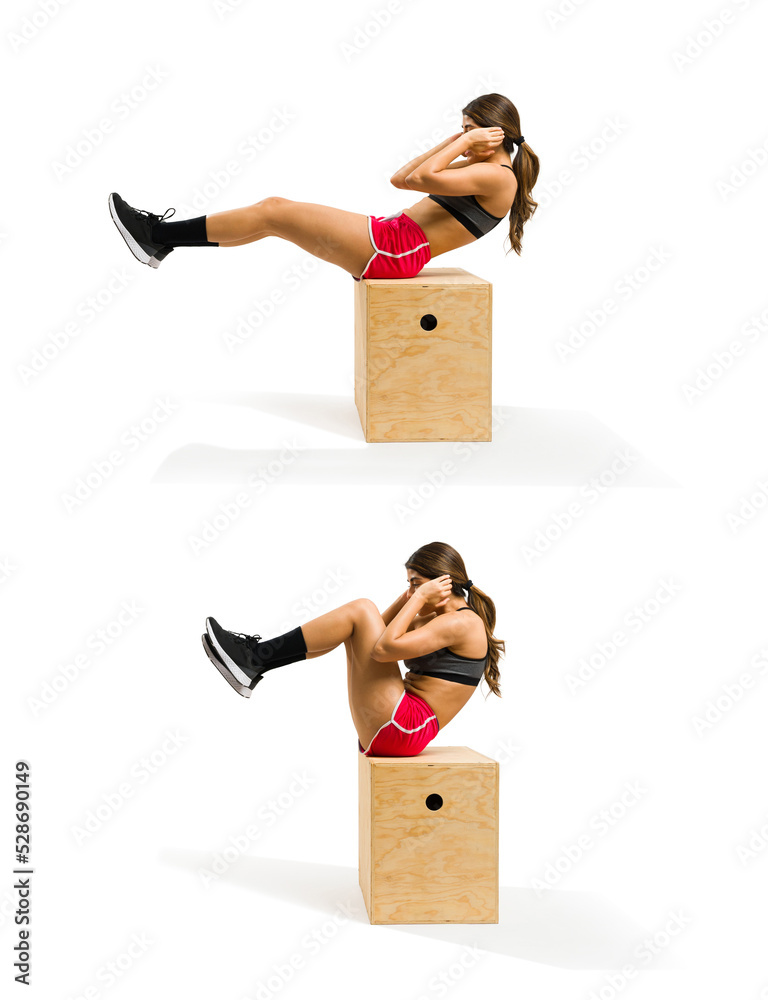 Movement sequence of a woman doing sit ups on a plyo box Stock Photo ...