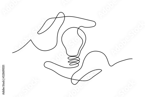 Continuous line drawing. Hands palms together with light bulb. Vector illustration