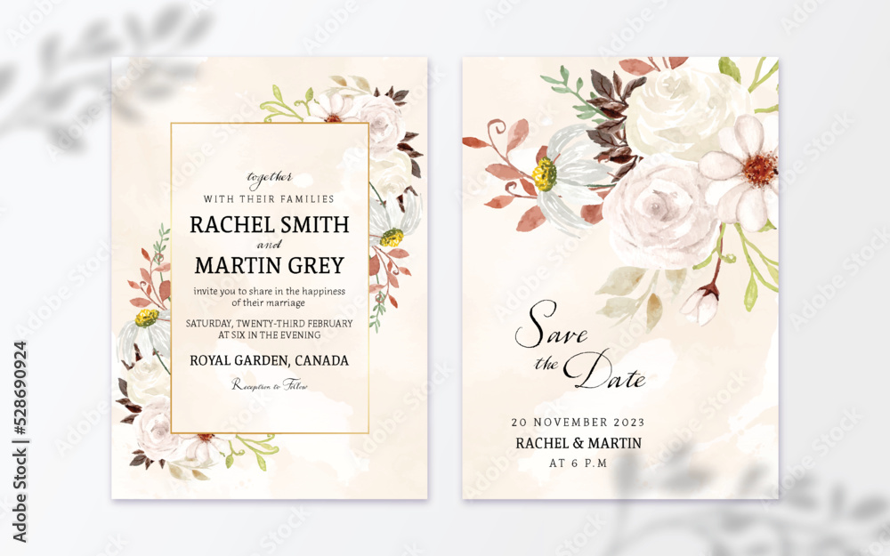 Set of Rustic White Watercolor Flower With Abstract Background Wedding Invitation