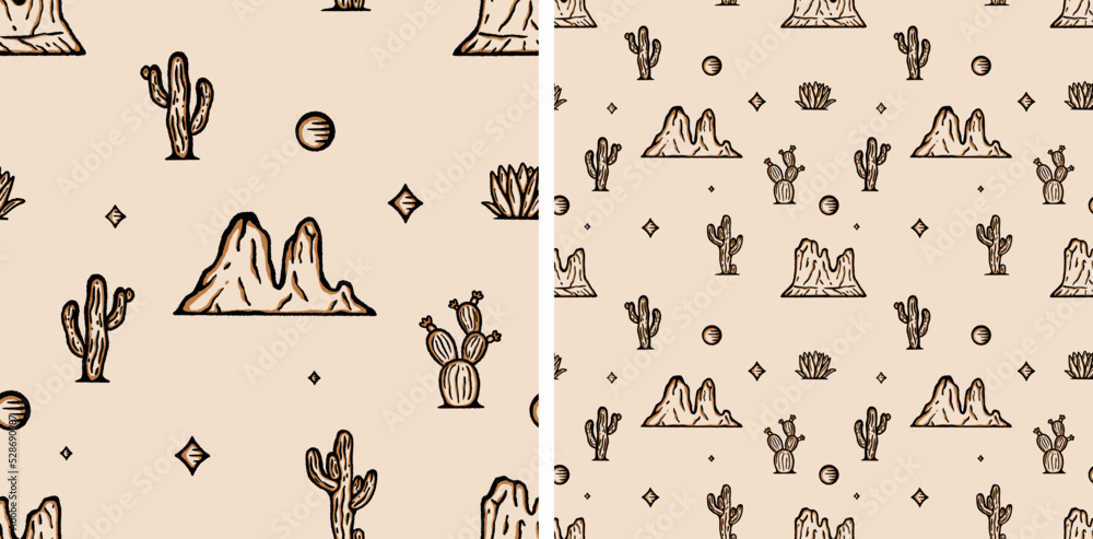 Western Cactus Mountains Vector Seamless Pattern Illustration Desert Arizona Cowboy - obrazy, fototapety, plakaty 