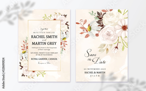 Set of Rustic White Watercolor Flower With Abstract Background Wedding Invitation