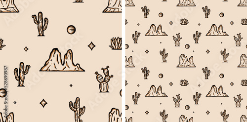 Western Cactus Mountains Vector Seamless Pattern Illustration Desert Arizona Cowboy
