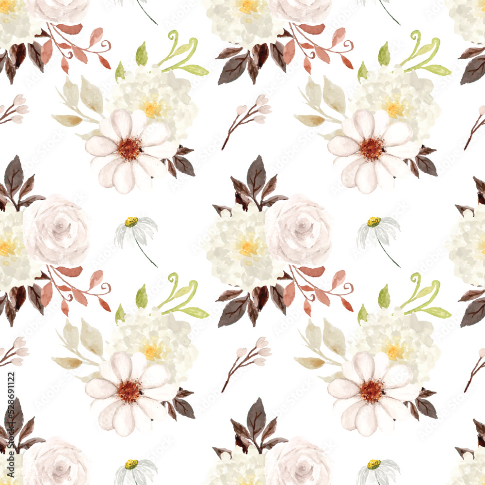 White Rustic Watercolor Floral Seamless Pattern