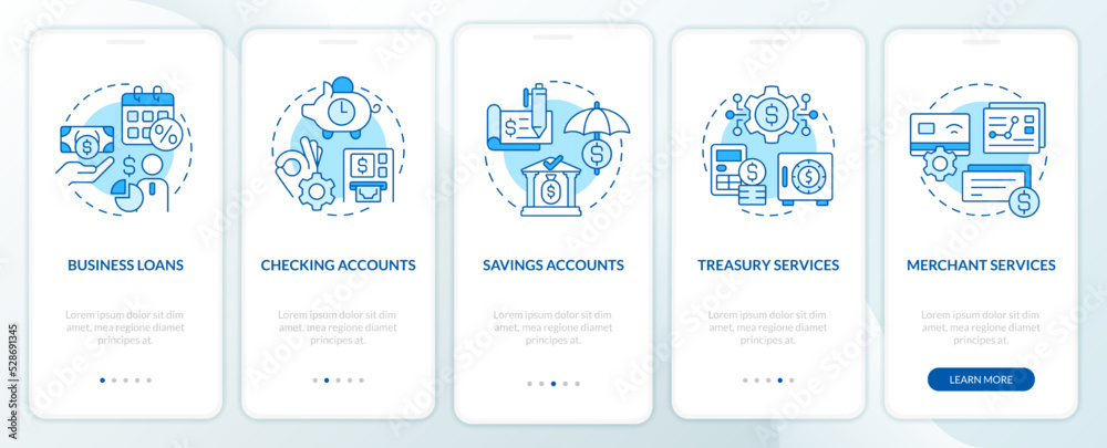 Business banking blue onboarding mobile app screen. Commerce walkthrough 5 steps editable graphic instructions with linear concepts. UI, UX, GUI template. Myriad Pro-Bold, Regular fonts used
