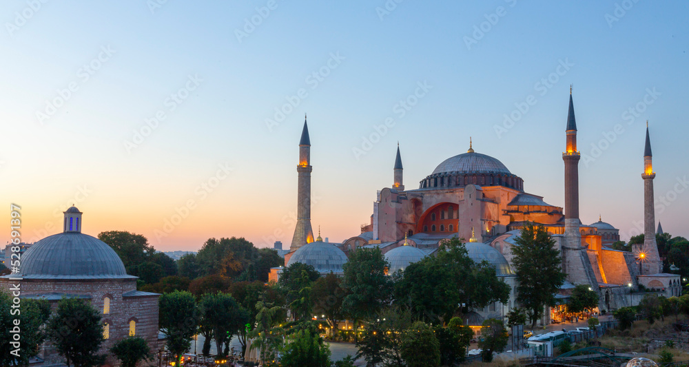 Hagia Sophia domes and minarets in the old town of Istanbul, Turkey, on ...