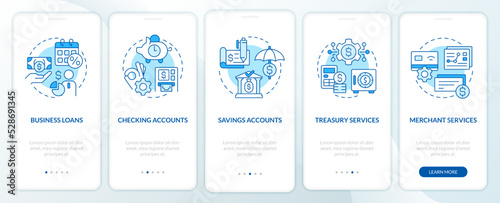 Business banking blue onboarding mobile app screen. Commerce walkthrough 5 steps editable graphic instructions with linear concepts. UI, UX, GUI template. Myriad Pro-Bold, Regular fonts used