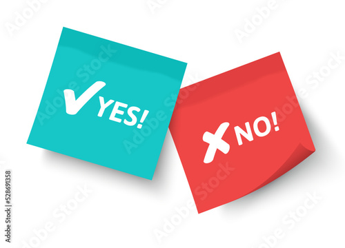 Yes and No words written on office memo notes of green and yellow colors over white background. Decision making during business career. Positivity and negativity concept.
