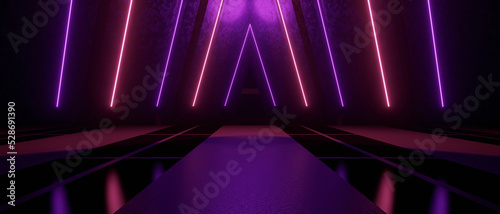 Luxurious And Elegant Abstract Illuminated Corridor Interior Design Neon Bright Purple Banner Background Product Display 3D Illustration © lumerb