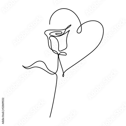 Continuous line hand drawing calligraphic vector flower with heart. Concept logo beauty. Monoline spring floral design element in minimal style. Valentine love concept