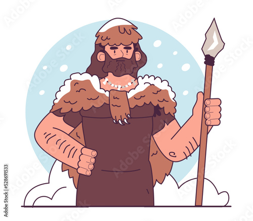 Ice age period. Caveman with a spear wearing fur clothing. Cold climate