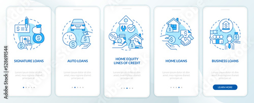 Loans types blue onboarding mobile app screen. Banking service walkthrough 5 steps editable graphic instructions with linear concepts. UI, UX, GUI template. Myriad Pro-Bold, Regular fonts used