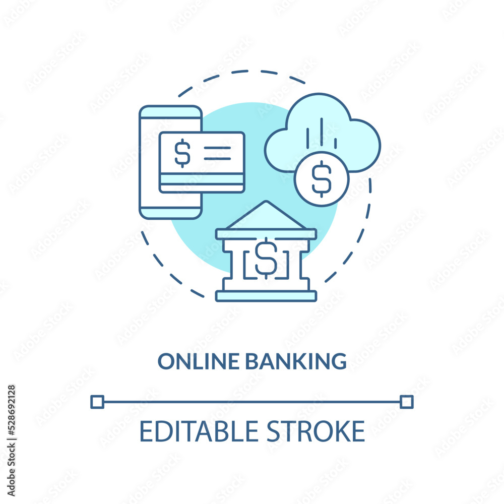 Online banking turquoise concept icon. Virtual access to account. Digitalization abstract idea thin line illustration. Isolated outline drawing. Editable stroke. Arial, Myriad Pro-Bold fonts used Online banking turquoise concept icon. Virtual access to account. Digitalization abstract idea thin line illustration. Isolated outline drawing. Editable stroke. Arial, Myriad Pro-Bold fonts used