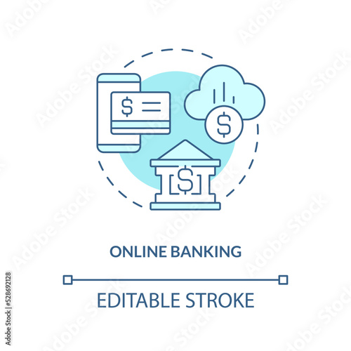 Online banking turquoise concept icon. Virtual access to account. Digitalization abstract idea thin line illustration. Isolated outline drawing. Editable stroke. Arial, Myriad Pro-Bold fonts used