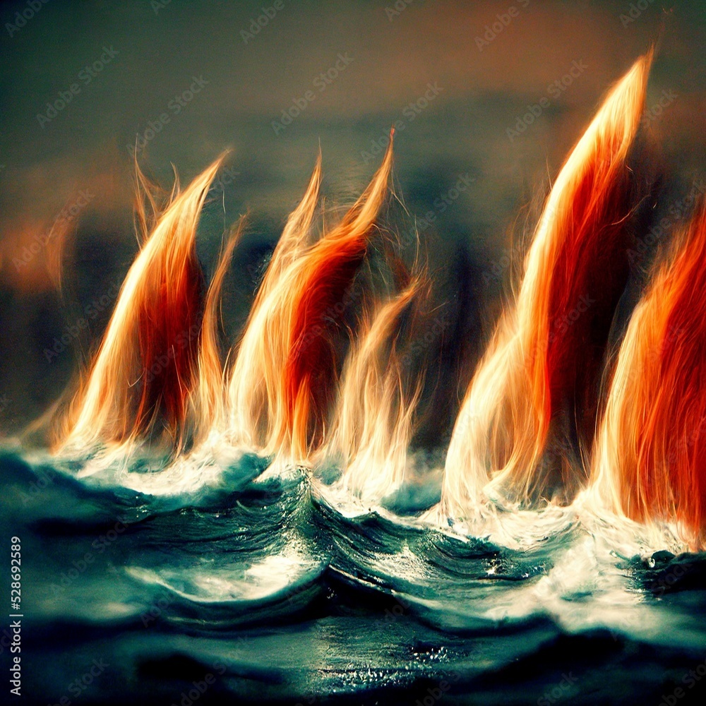 Fire on water. Burning fire on black background with cinematic