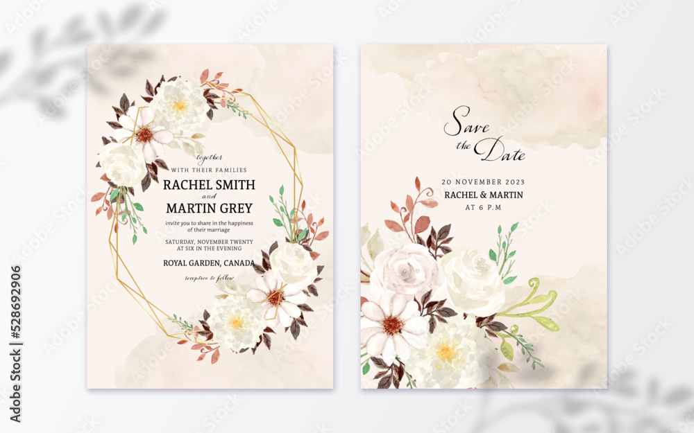 Set of Rustic White Watercolor Flower With Abstract Stain Wedding Invitation