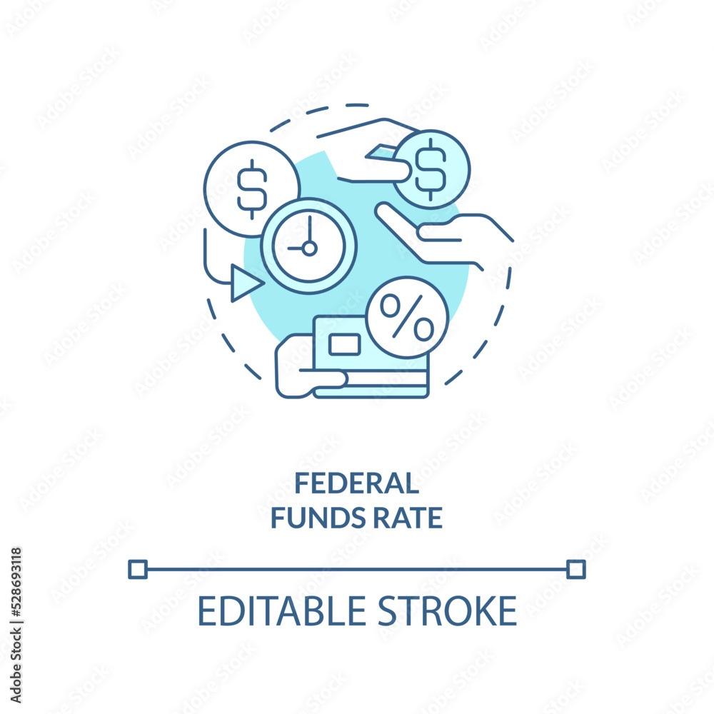 Federal funds rate turquoise concept icon. Bank financial safety. Savings account abstract idea thin line illustration. Isolated outline drawing. Editable stroke. Arial, Myriad Pro-Bold fonts used