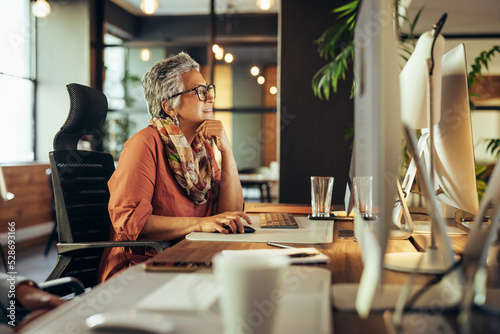 Canvas Print Mature businesswoman working on a computer in an office