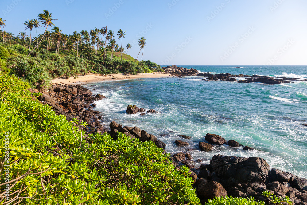 Turquoise waves crash on the sandy shore of the Indian Ocean. Mirissa