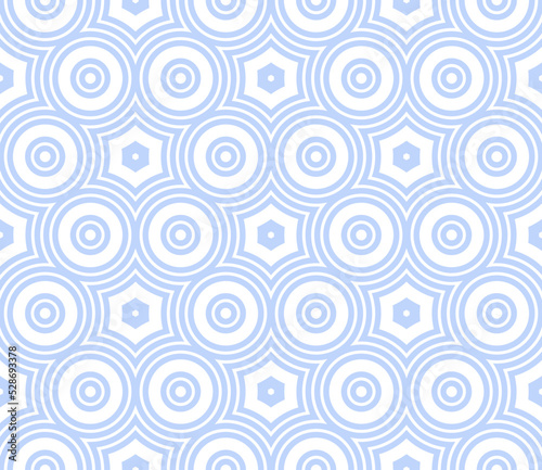 Seamless Geometric Circles and Hexagons Pattern. Blue and White Texture.