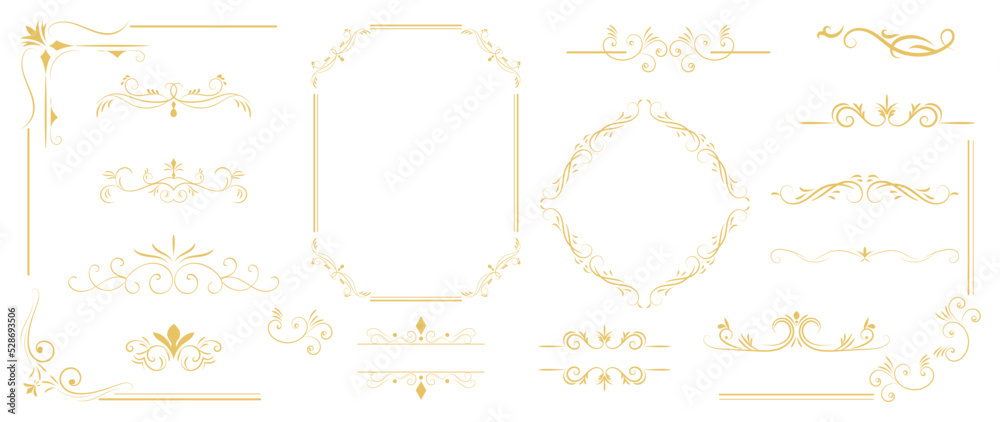 Luxury gold ornate invitation vector set. Collection of ornamental curls, dividers, border, frame, corner, components. Set of elegant design for wedding, menus, certificates, logo design, branding. Luxury gold ornate invitation vector set. Collection of ornamental curls, dividers, border, frame, corner, components. Set of elegant design for wedding, menus, certificates, logo design, branding.