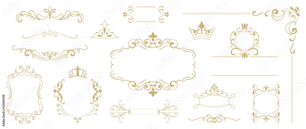 Luxury gold ornate invitation vector set. Collection of ornamental crown, dividers, border, frame, corner, components. Set of elegant design for wedding, menus, certificates, logo design, branding.