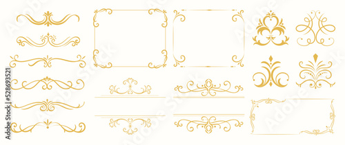 Luxury gold ornate invitation vector set. Collection of ornamental curls, dividers, border, frame, corner, components. Set of elegant design for wedding, menus, certificates, logo design, branding.