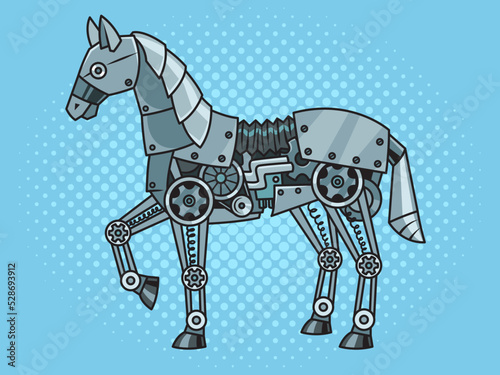 mechanical robot horse steampunk machine pop art retro vector illustration. Comic book style imitation.