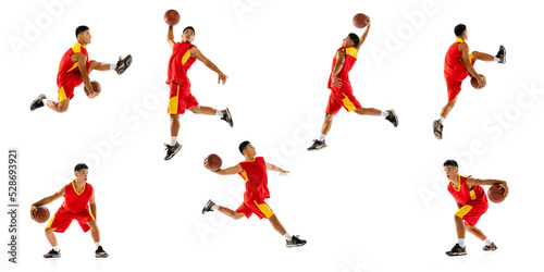 Portrait of young man, basketball player in motion, training isolated over white studio background. Collage of movements © Lustre