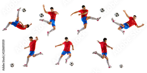 Portrait of young man, football player training, playing, isolated over white studio background. Collage