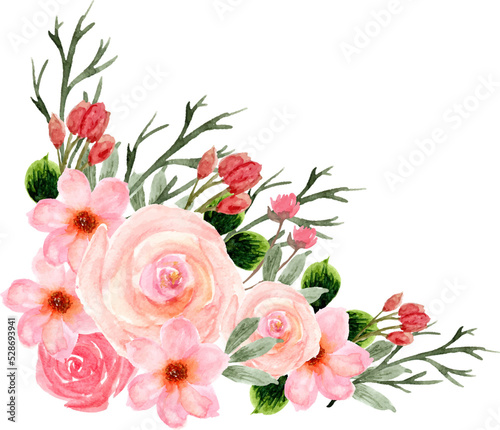 Red Pink Bouquet Of Watercolor Flowers