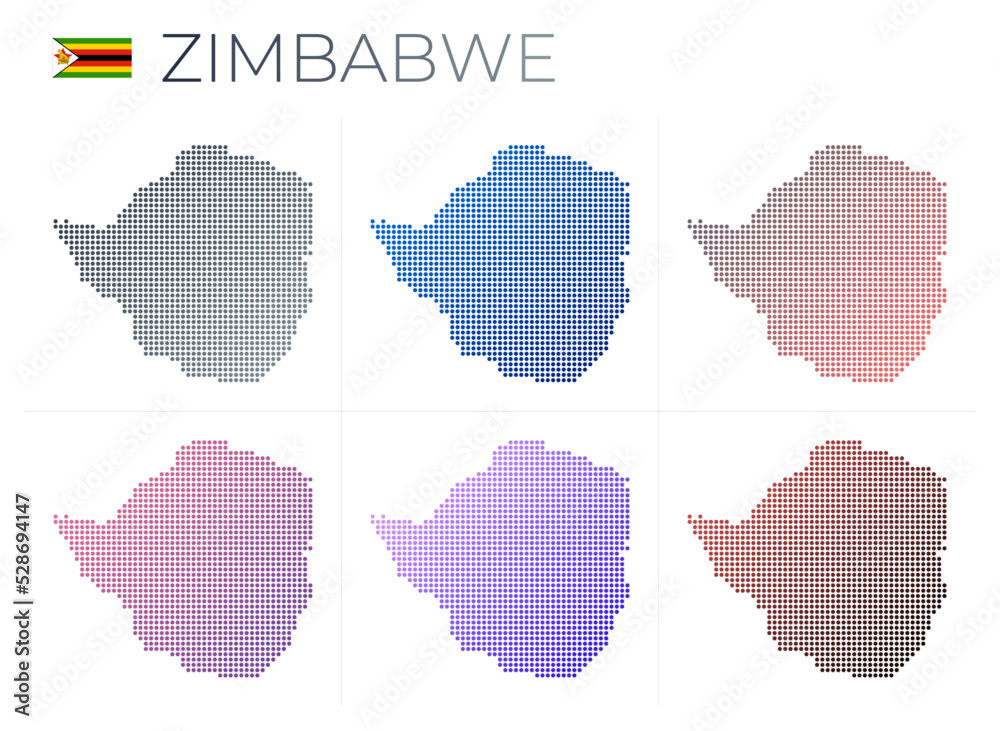 Zimbabwe dotted map set. Map of Zimbabwe in dotted style. Borders of the country filled with beautiful smooth gradient circles. Creative vector illustration.