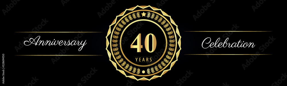 Naklejka premium 40 years anniversary celebration logotype with gold star frames, number, and flowers on black background. Premium design for marriage, banner, event party, happy birthday, greetings card, jubilee.