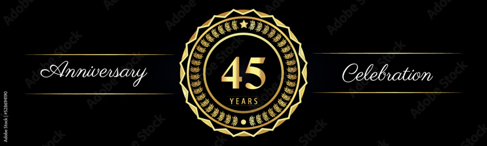 Fototapeta premium 45 years anniversary celebration logotype with gold star frames, number, and flowers on black background. Premium design for marriage, banner, event party, happy birthday, greetings card, jubilee.
