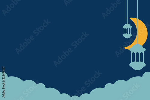 Ramadan Background Design Template with Silhouette of Crescent Moon, Lantern, and Copy Space Area