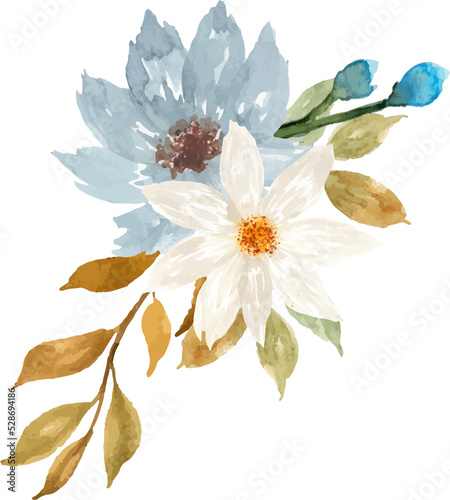 White And Blue Bouquet of Watercolor Flowers