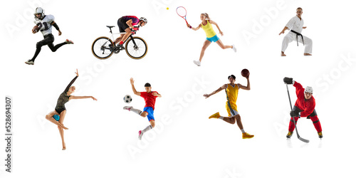 Fototapeta Naklejka Na Ścianę i Meble -  Collage. Young sportive people training, practising isolated over white studio background.