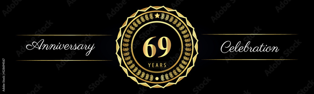 Fototapeta premium 69 years anniversary celebration logotype with gold star frames, number, and flowers on black background. Premium design for marriage, banner, event party, happy birthday, greetings card, jubilee.