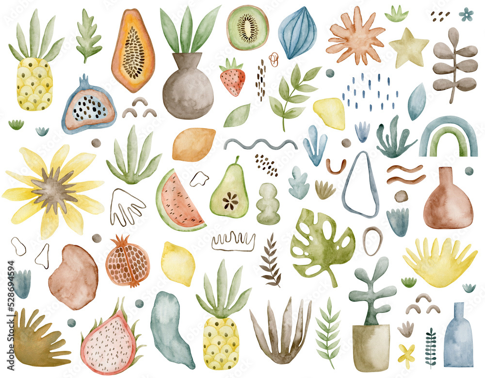Fototapeta premium Set of watercolor abstract illustrations, fruits, plants, rainbow, modern elements isolated on white background.