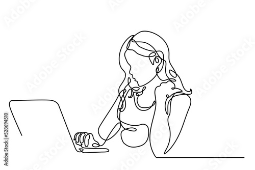 Continuous line, drawing of business women sitting and communicating through computer. Modern minimalist technology vector illustration