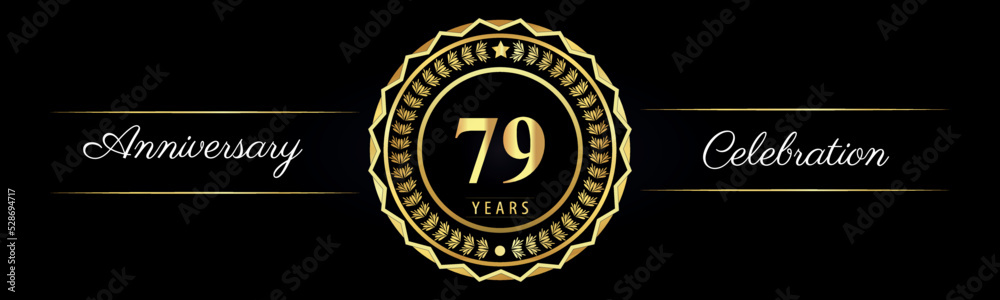 79 years anniversary celebration logotype with gold star frames, number, and flowers on black background. Premium design for marriage, banner, event party, happy birthday, greetings card, jubilee.