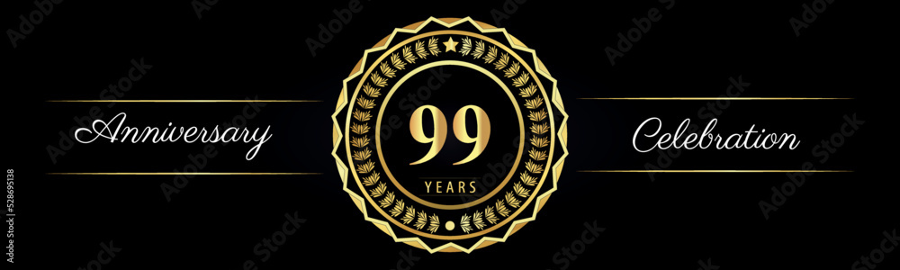99 years anniversary celebration logotype with gold star frames, number, and flowers on black background. Premium design for marriage, banner, event party, happy birthday, greetings card, jubilee.